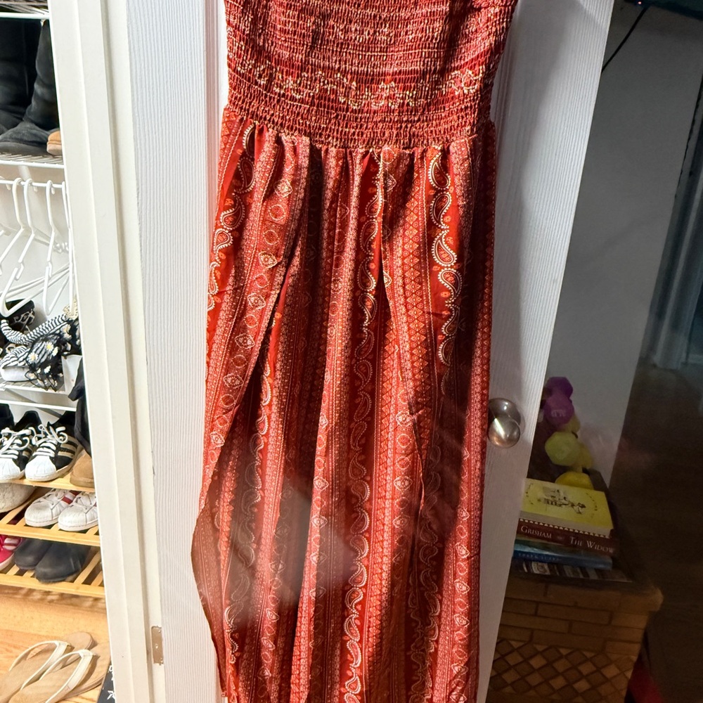 SHEIN Red Patterned Strapless Jumpsuit Romper